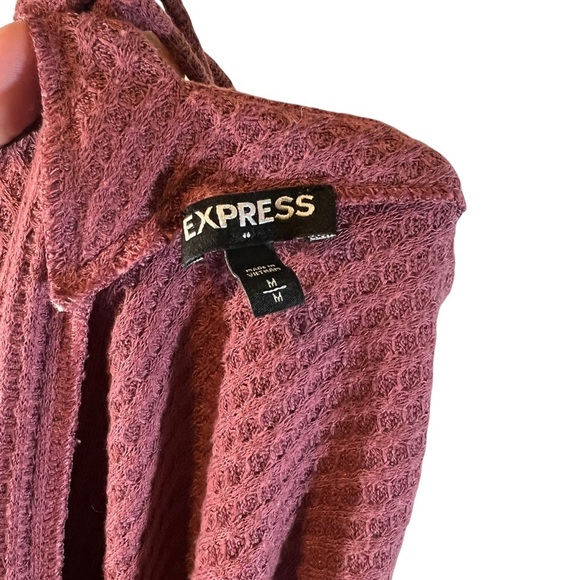 Express Dark Salmon Pink Waffle Knit Top Medium Cutout Strappy Back Long Sleeve - Picture 5 of 5